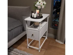 Cómoda estrecha, mesita de noche con función de carga y tira de luz, mesa auxiliar con cajones, 30 x 60 x 62 cm, color blanco