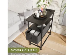 Cómoda estrecha, mesita de noche con función de carga y tira de luz, mesa auxiliar con cajones, 30 x 60 x 62 cm, Negro