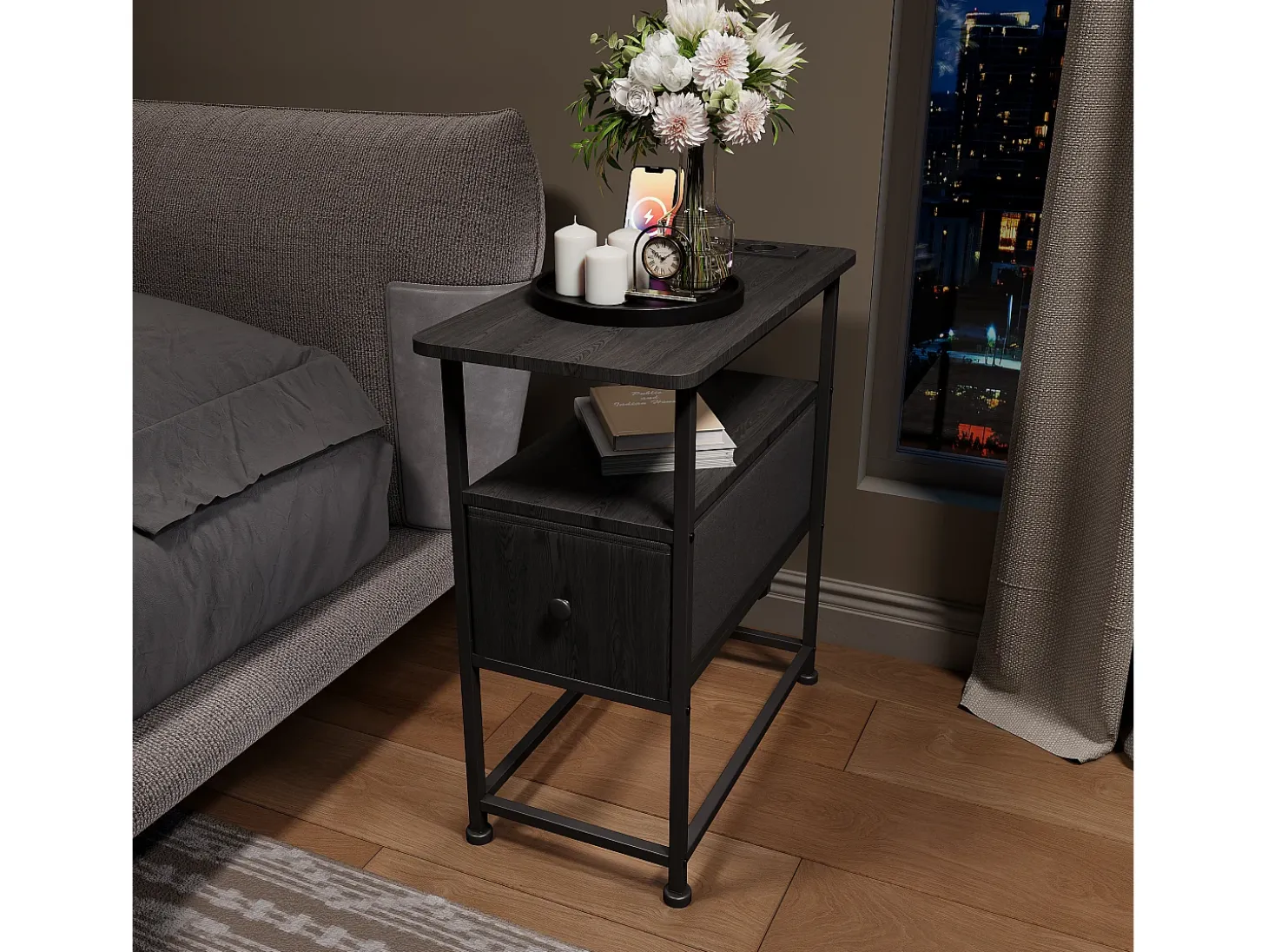 Cómoda estrecha, mesita de noche con función de carga y tira de luz, mesa auxiliar con cajones, 30 x 60 x 62 cm, Negro