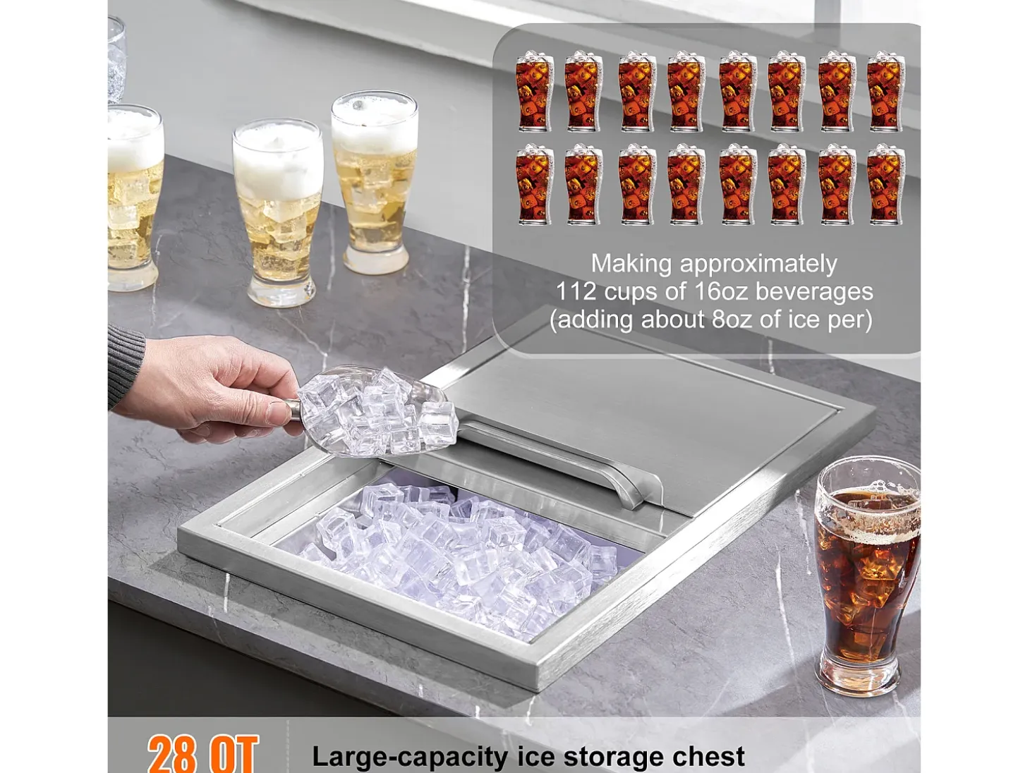 Cofre de Hielo SucceBuy, 45,7 x 30,5 x 36,5 cm, en Acero Inoxidable, con Tapón, Baño de Hielo