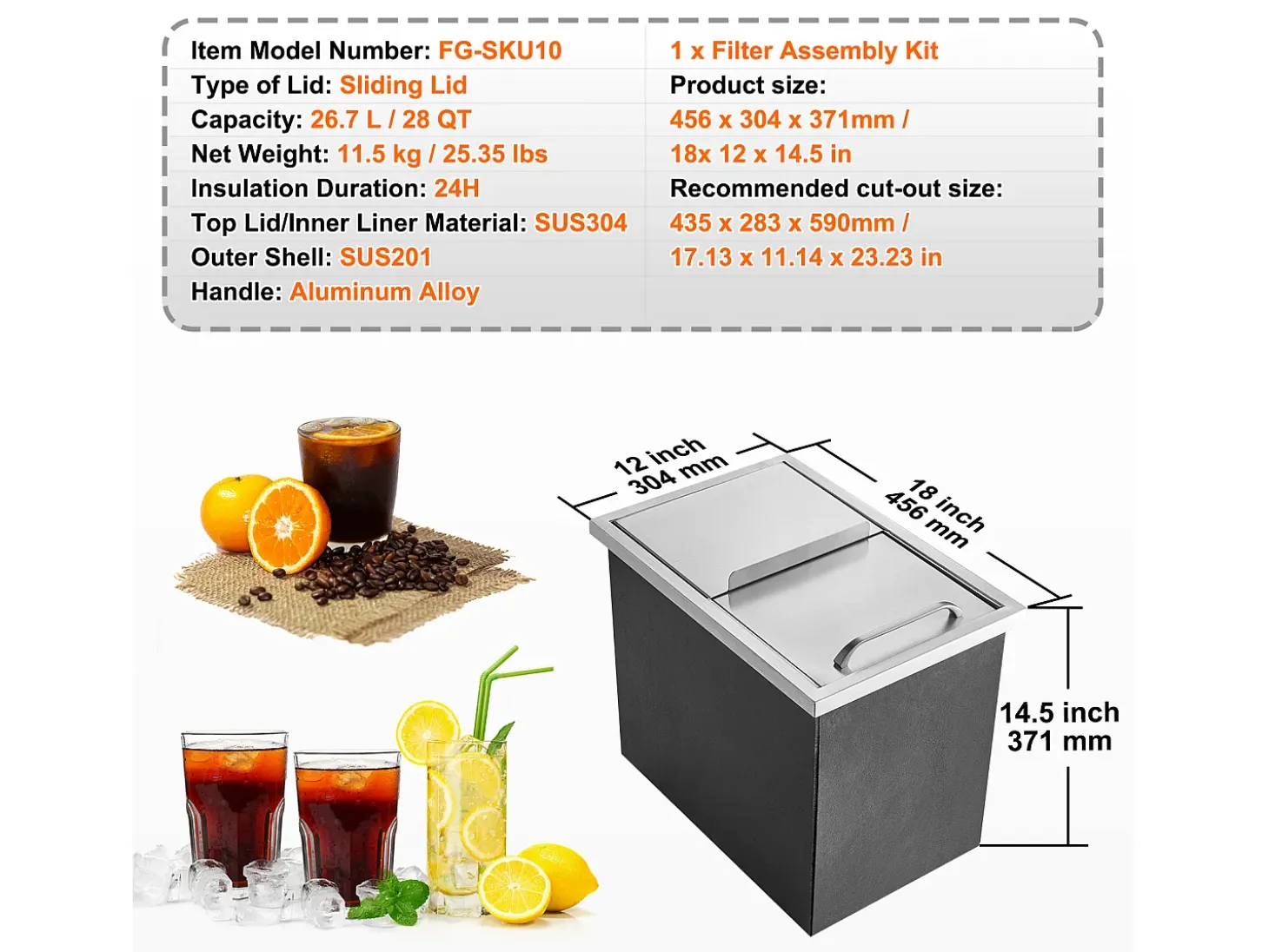 Cofre de Hielo SucceBuy, 45,7 x 30,5 x 36,5 cm, en Acero Inoxidable, con Tapón, Baño de Hielo