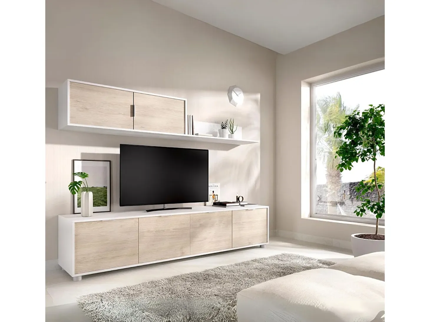 Composición de salón Lima mueble bajo + módulo superior blanco/natural 200 cm