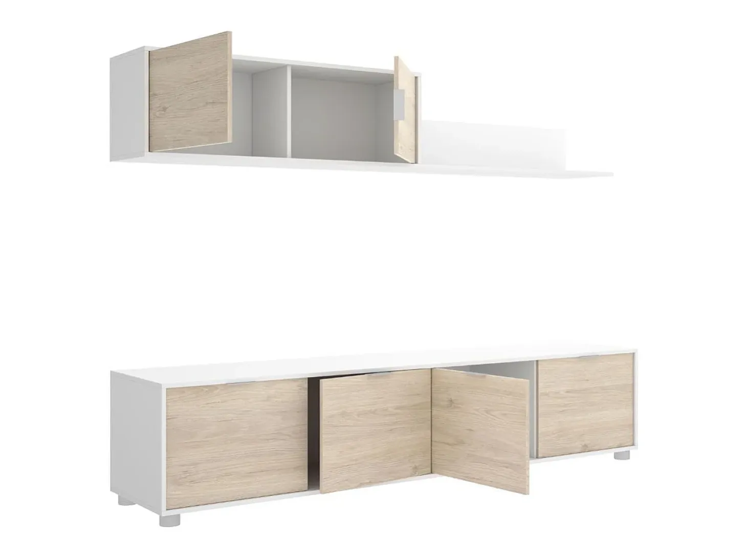 Composición de salón Lima mueble bajo + módulo superior blanco/natural 200 cm