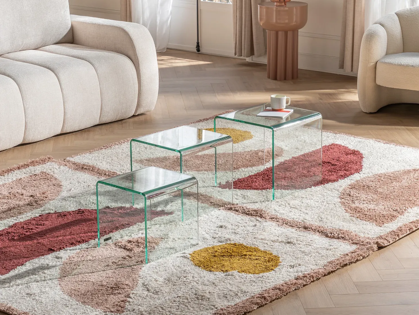 Conjunto 3 mesas de centro de cristal curvado MINKA