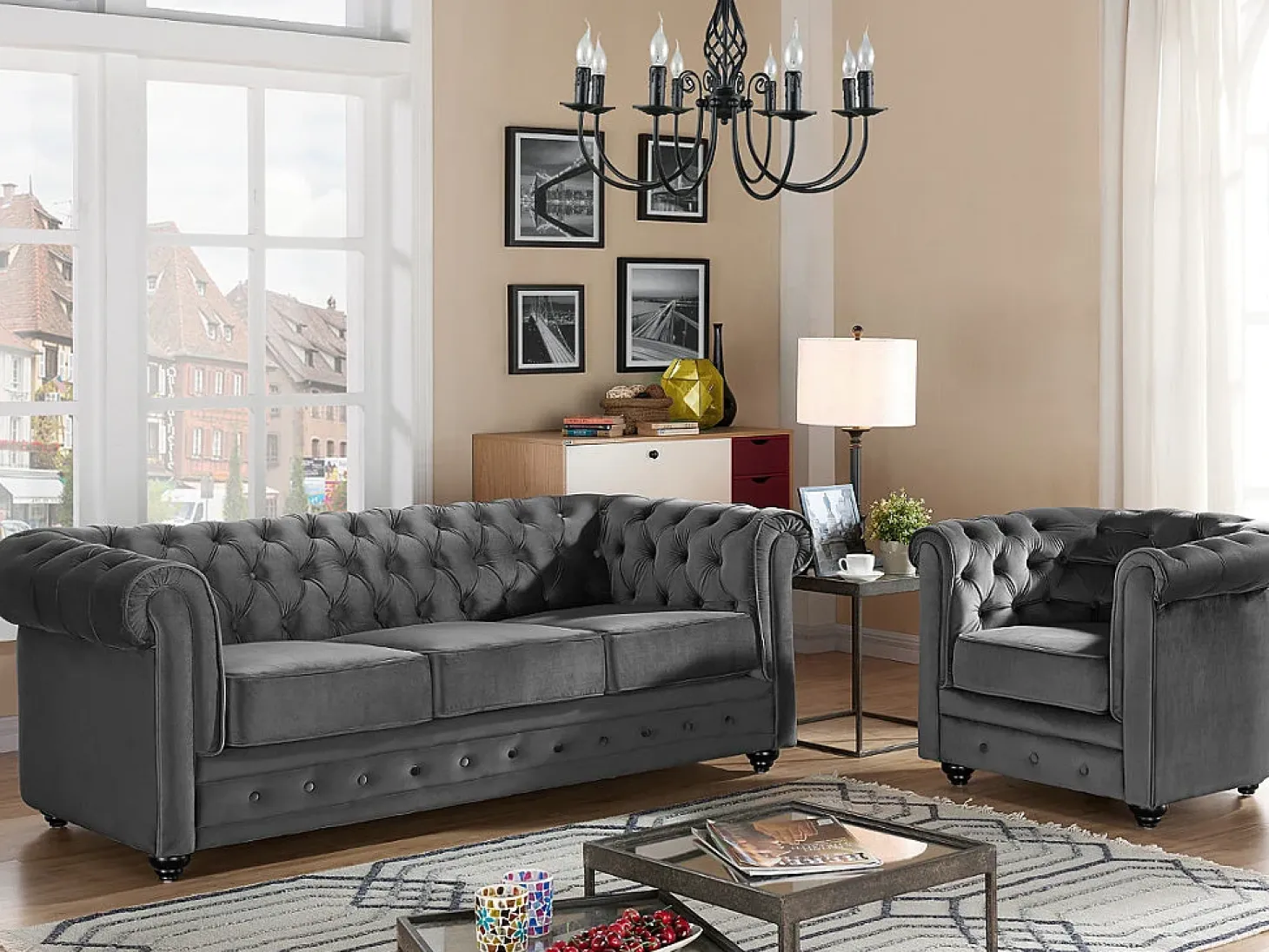 Conjunto 2 sillones terciopelo Verde azulado CHESTERFIELD