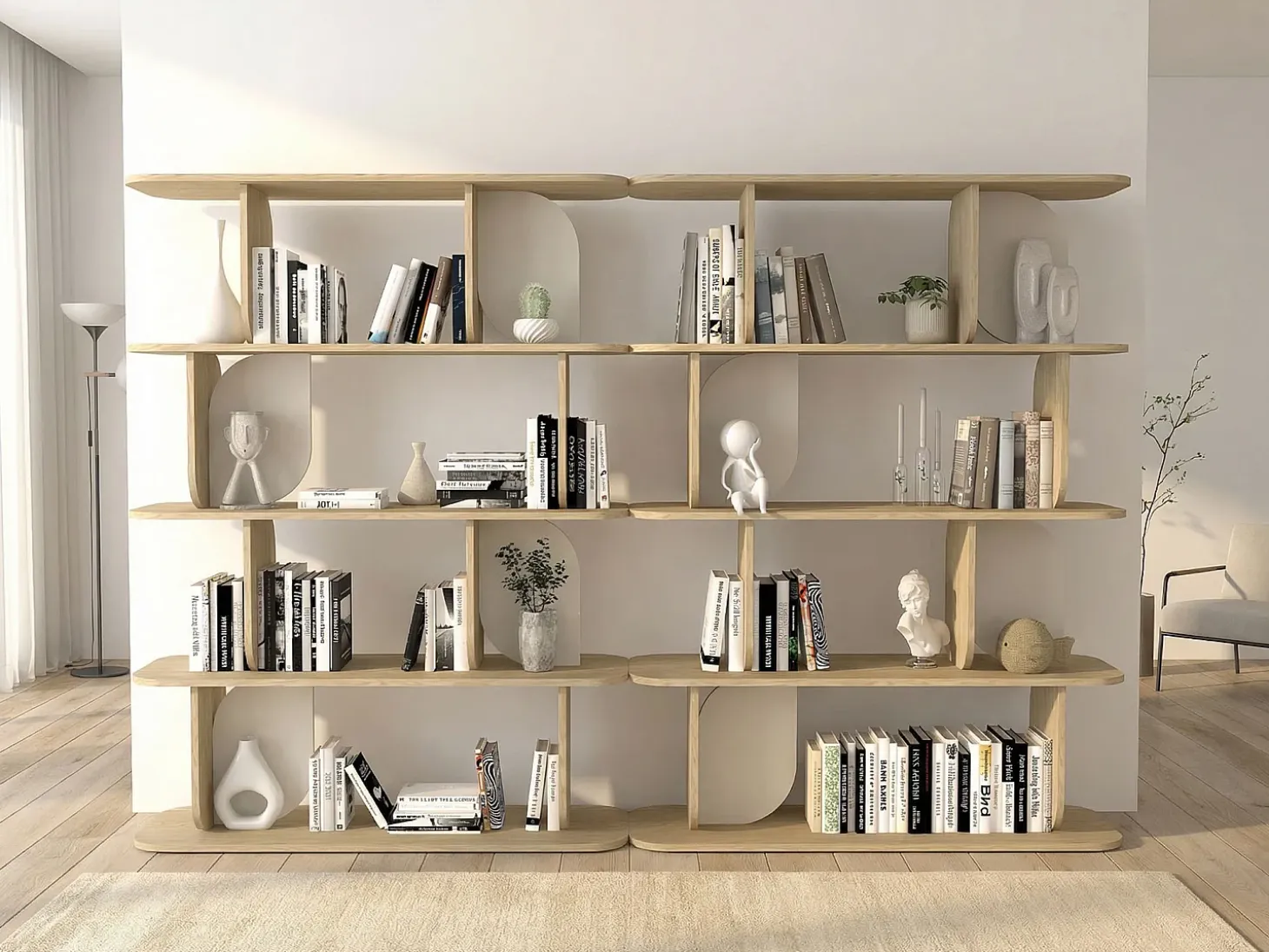 Conjunto de 2 estanterías con 4 baldas - Natural claro y beige - NELERIA