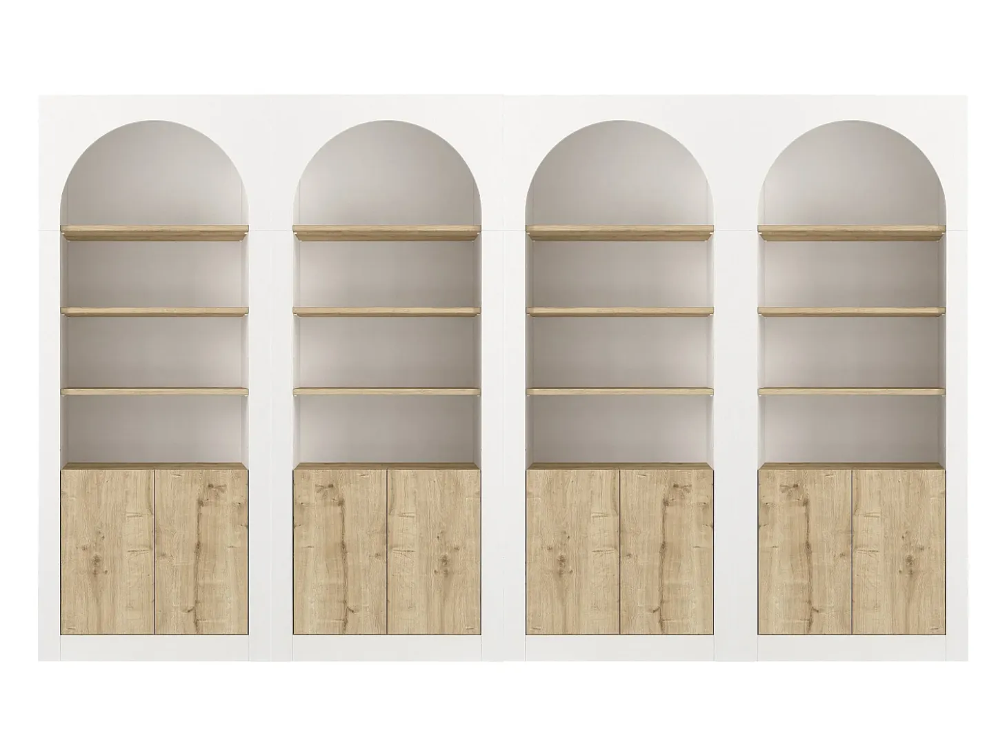 Conjunto de 4 librerías con 4 estantes y 2 puertas - Blanco y natural claro - CYMORA