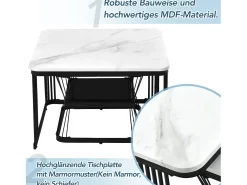 Conjunto de 2 mesas de centro nido con estante - mesa auxiliar con chapa de mármol - patas de metal - blanco y negro
