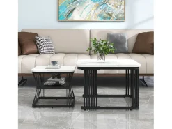 Conjunto de 2 mesas de centro nido con estante - mesa auxiliar con chapa de mármol - patas de metal - blanco y negro