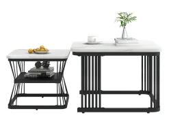 Conjunto de 2 mesas de centro nido con estante - mesa auxiliar con chapa de mármol - patas de metal - blanco y negro