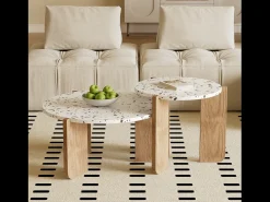 Conjunto de 2 mesas de centro modulares, diseño contemporáneo, MDF blanco y efecto madera (70x70x35 cm + 50x50x45,5 cm)