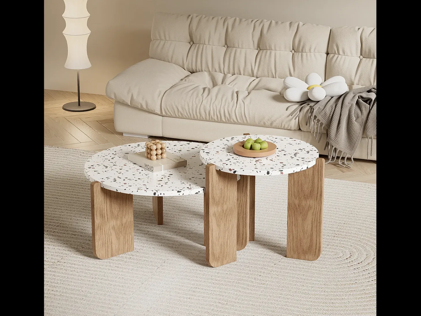 Conjunto de 2 mesas de centro modulares, diseño contemporáneo, MDF blanco y efecto madera (70x70x35 cm + 50x50x45,5 cm)