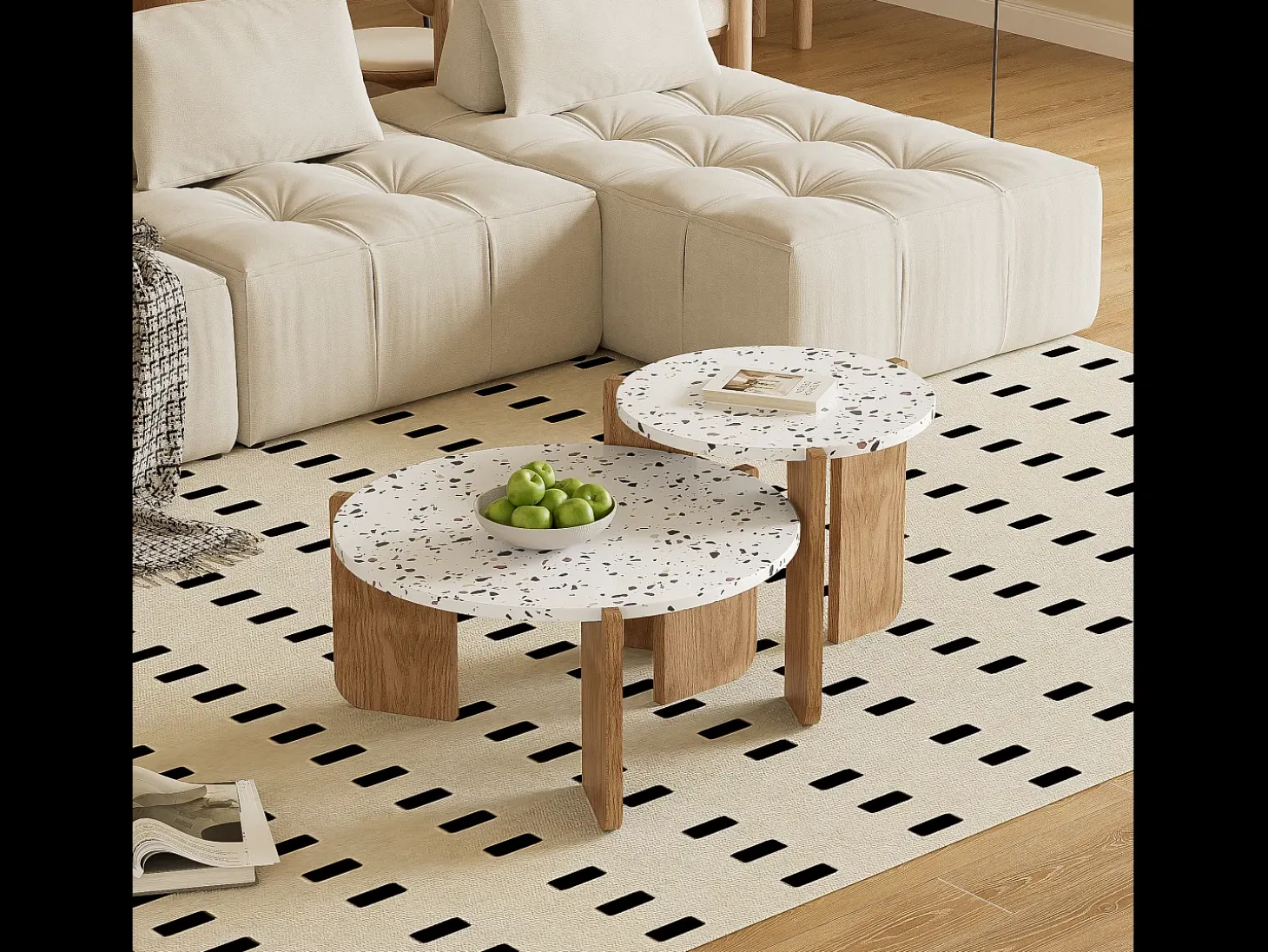 Conjunto de 2 mesas de centro modulares, diseño contemporáneo, MDF blanco y efecto madera (70x70x35 cm + 50x50x45,5 cm)