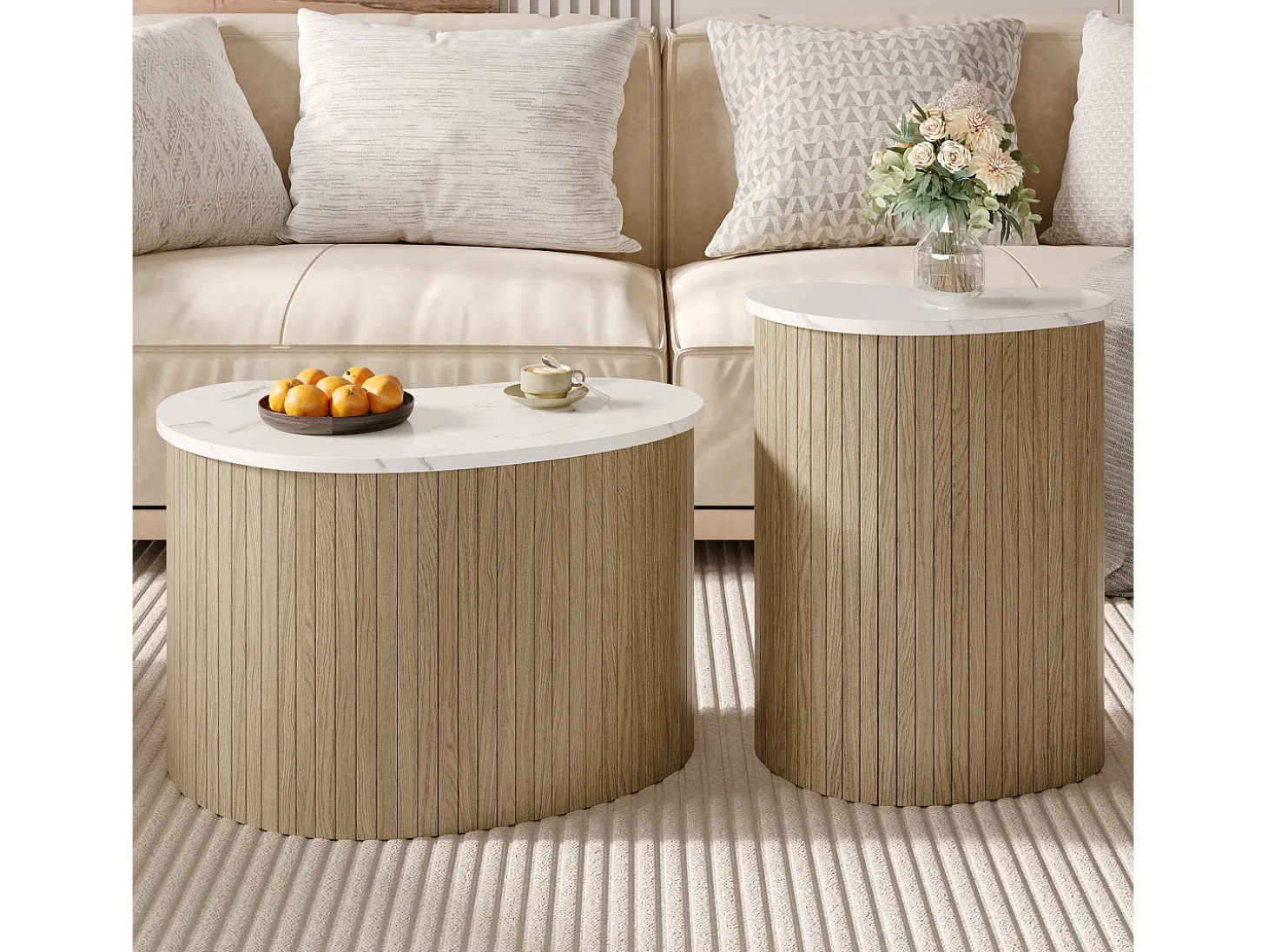 Conjunto de 2 mesas de centro modernas - textura mármol - aspecto madera - Diseño irregular - MDF - Natural