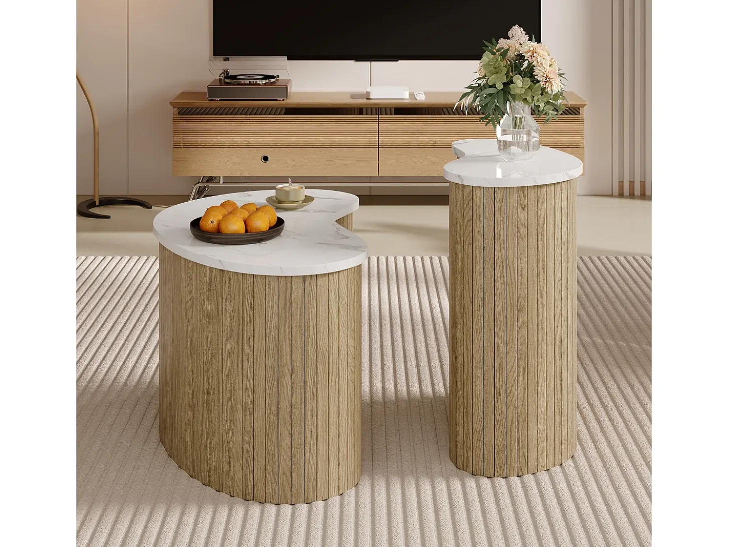 Conjunto de 2 mesas de centro modernas - textura mármol - aspecto madera - Diseño irregular - MDF - Natural