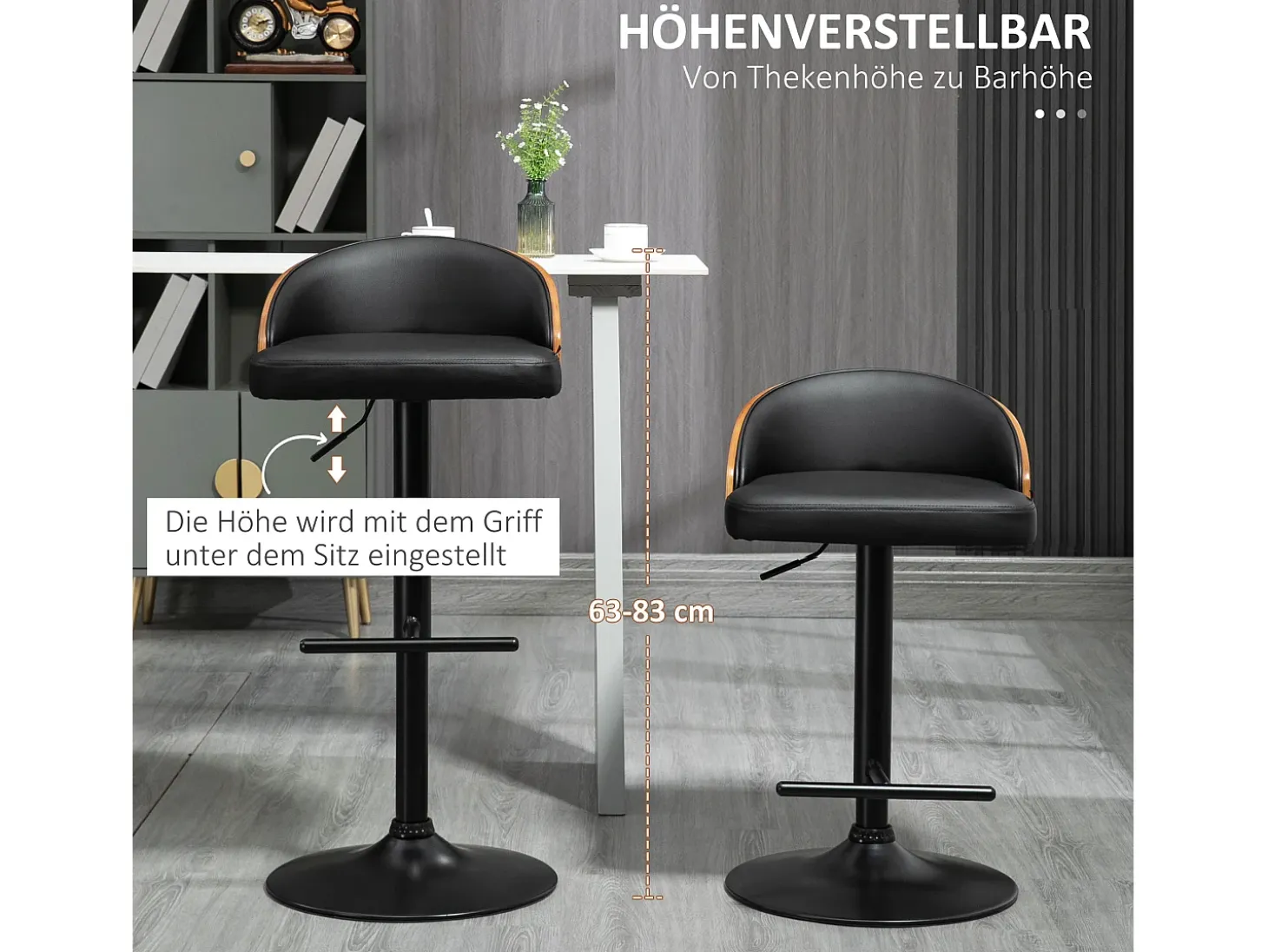 Conjunto de 2 taburetes de bar giratorios, regulables en altura, de piel sintética negra y madera, con reposapiés (48x49,5x76-96cm)