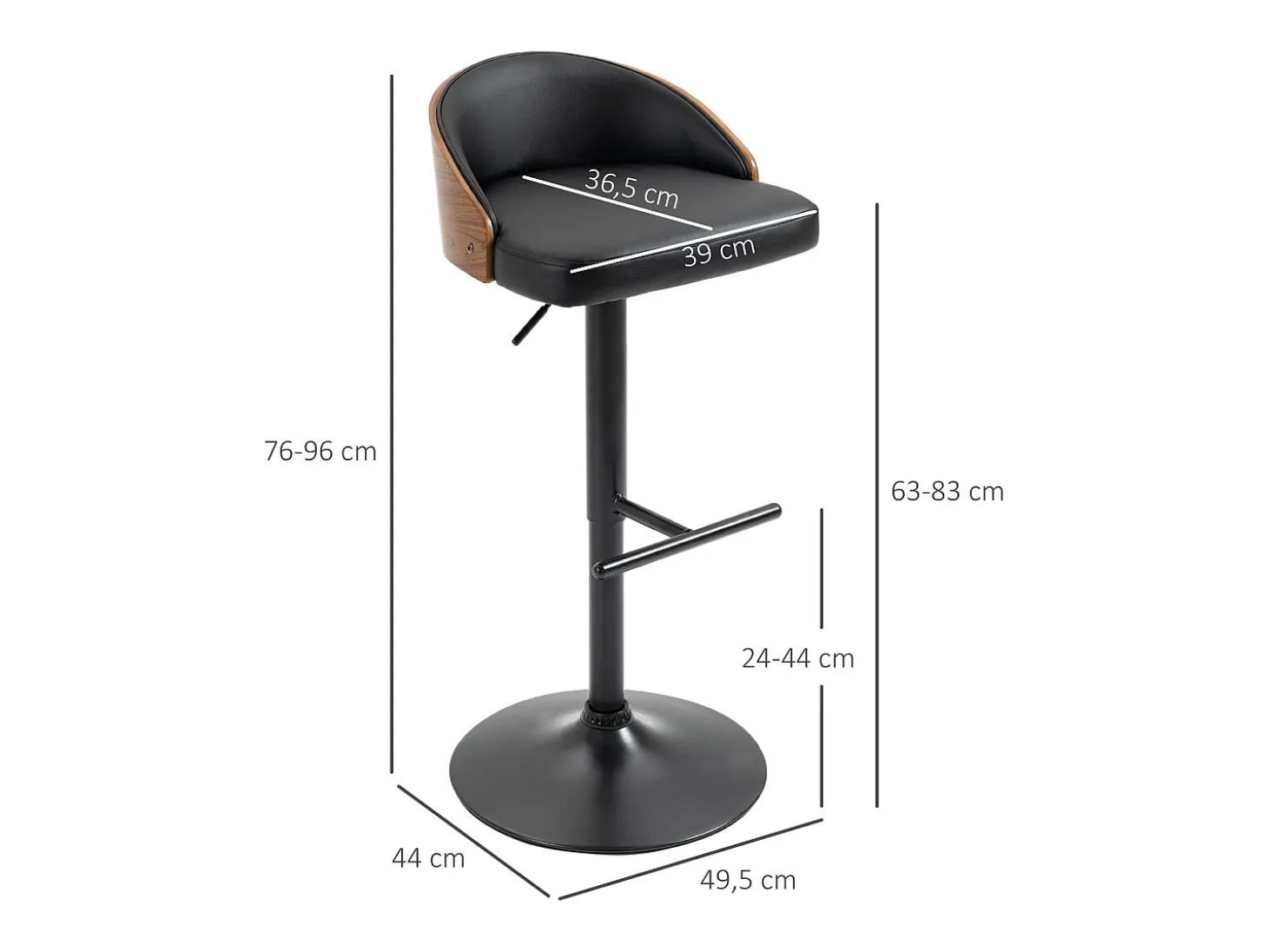 Conjunto de 2 taburetes de bar giratorios, regulables en altura, de piel sintética negra y madera, con reposapiés (48x49,5x76-96cm)