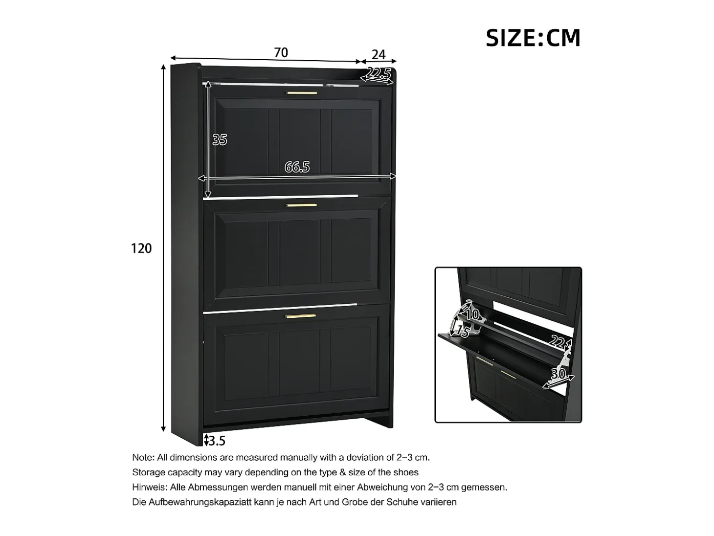 Conjunto de 2 zapateros 70 x 24 x 120 cm con 3 puertas - Negro
