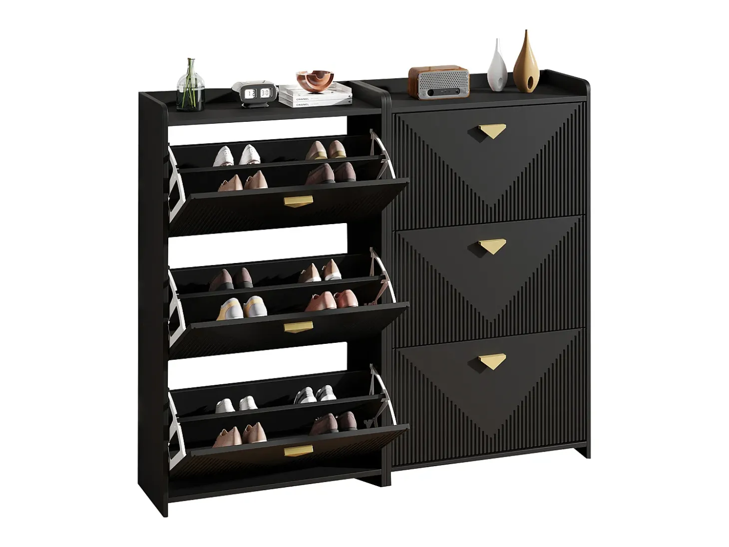 Conjunto de 2 zapateros negros con 3 puertas abatibles y 6 compartimentos