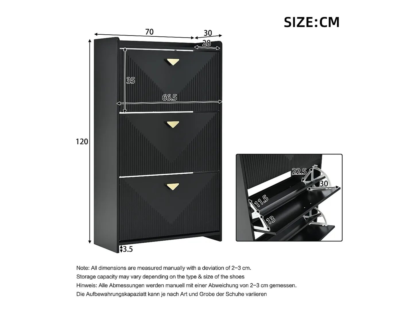 Conjunto de 2 zapateros negros con 3 puertas abatibles y 6 compartimentos