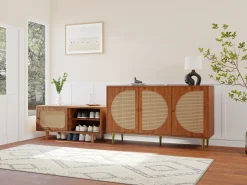 Conjunto de aparador para salón - Cómoda con 3 puertas + zapatero con puertas correderas - Tablero de partículas - Diseño de ratán - Nogal