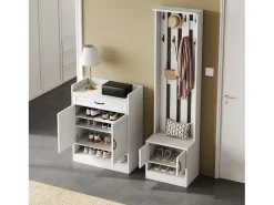 Conjunto de armario con banco zapatero y zapatero + 8 ganchos + 4 puertas + 1 cajón - aglomerado - blanco