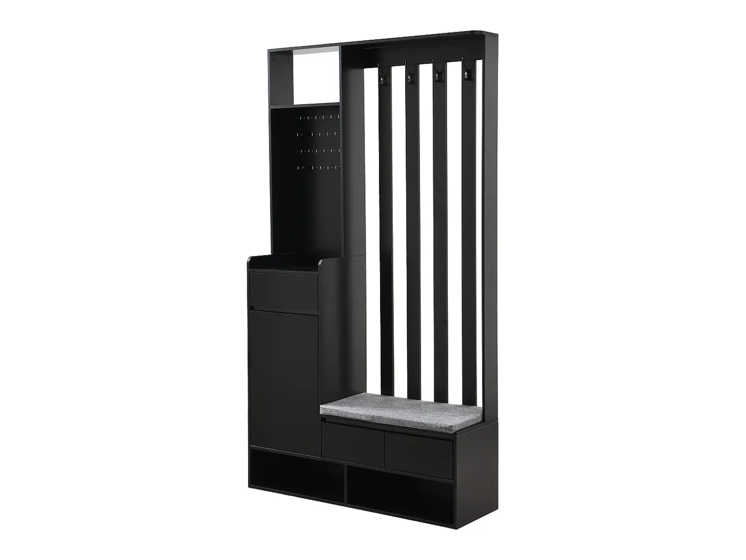 Conjunto de armario con banco de almacenaje acolchado, perchero moderno con 4 ganchos, tablero perforado multifuncional (180 x 100 x 35 cm)