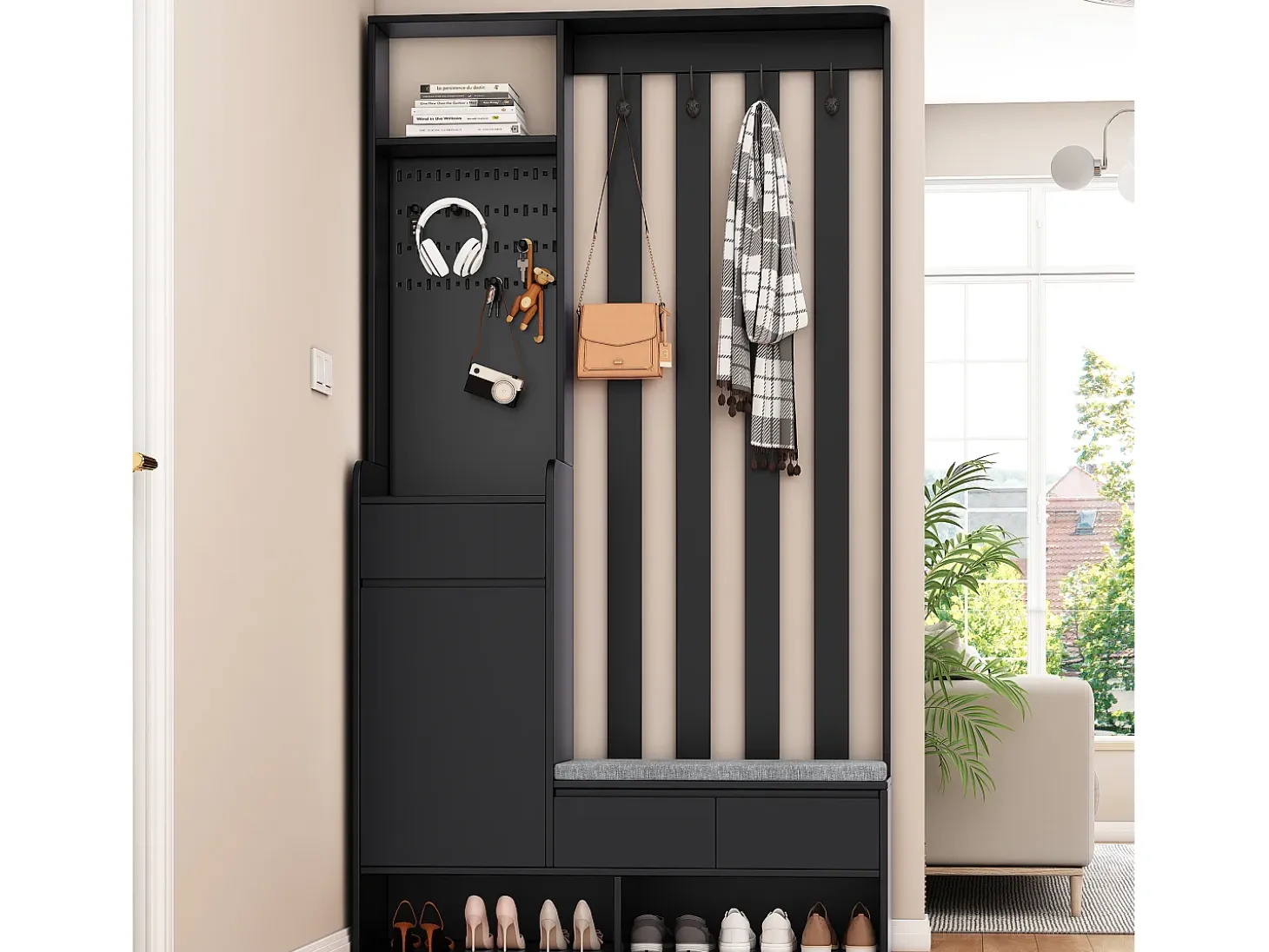 Conjunto de armario con banco de almacenaje acolchado, perchero moderno con 4 ganchos, tablero perforado multifuncional (180 x 100 x 35 cm)