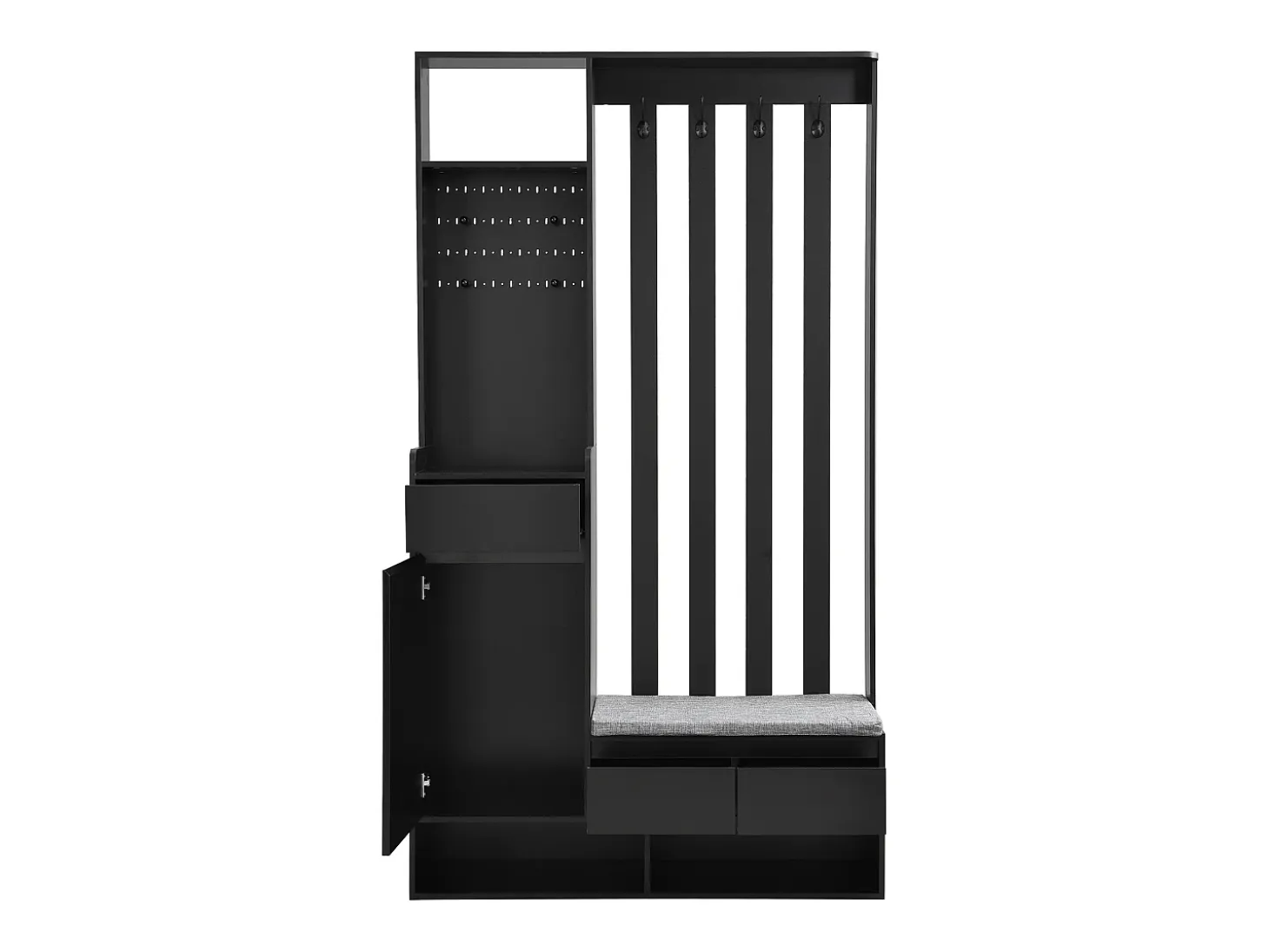 Conjunto de armario con banco de almacenaje acolchado, perchero moderno con 4 ganchos, tablero perforado multifuncional (180 x 100 x 35 cm)