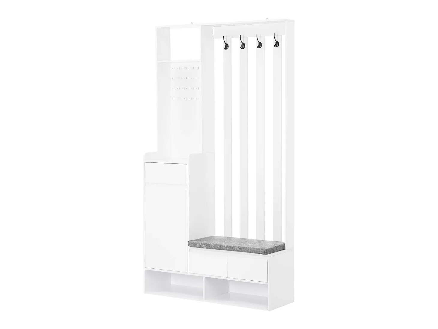 Conjunto de armario con banco de almacenaje, perchero, 4 ganchos, MDF blanco (Alto 180 x Ancho 100 x Fondo 35 cm)