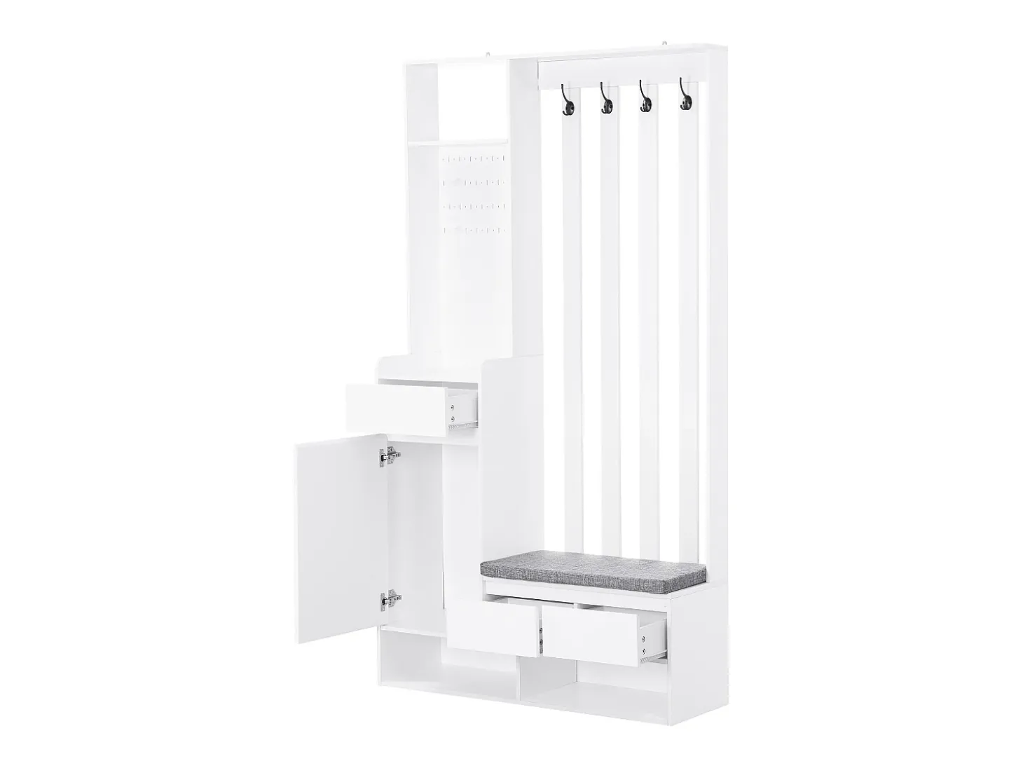 Conjunto de armario con banco de almacenaje, perchero, 4 ganchos, MDF blanco (Alto 180 x Ancho 100 x Fondo 35 cm)
