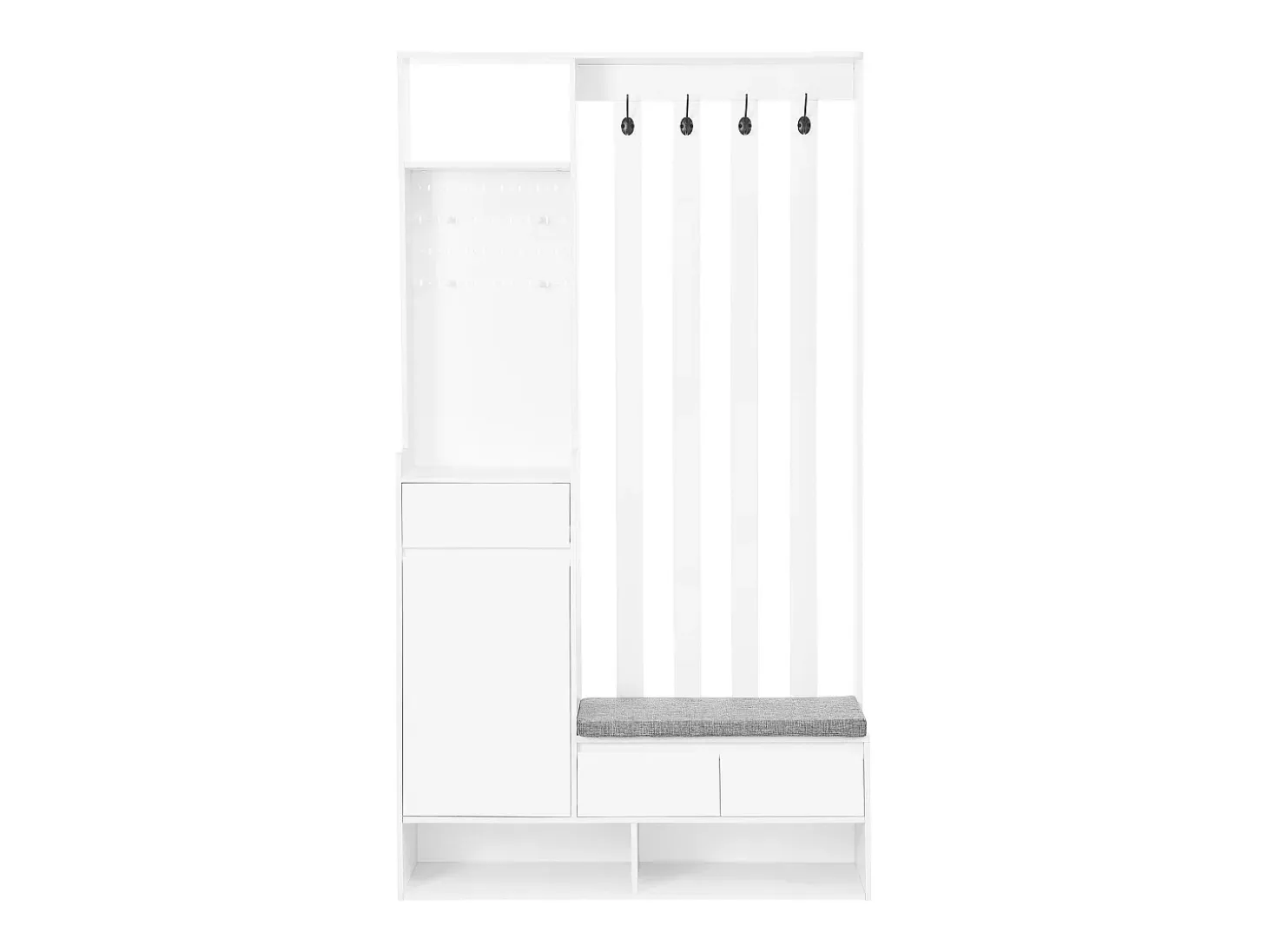 Conjunto de armario con banco de almacenaje, perchero, 4 ganchos, MDF blanco (Alto 180 x Ancho 100 x Fondo 35 cm)
