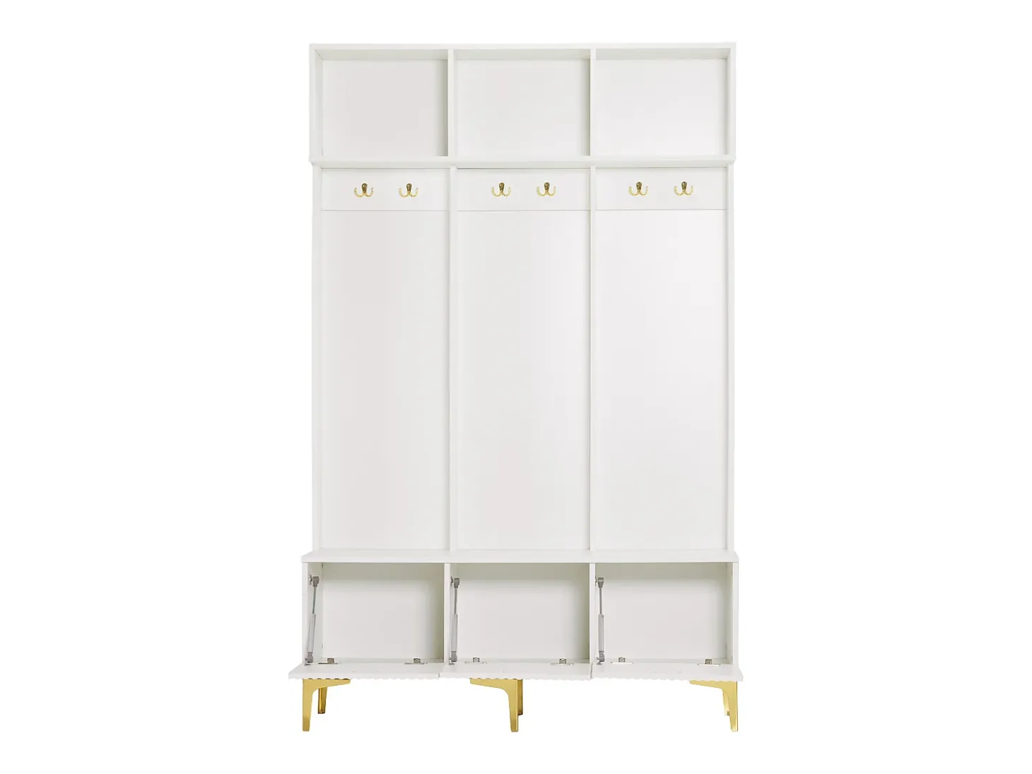 Conjunto de armario con banco, espacio de almacenamiento multifuncional, 6 ganchos dorados y patas de metal, blanco, (Dimensiones: 120 x 40 x 191,5 cm)