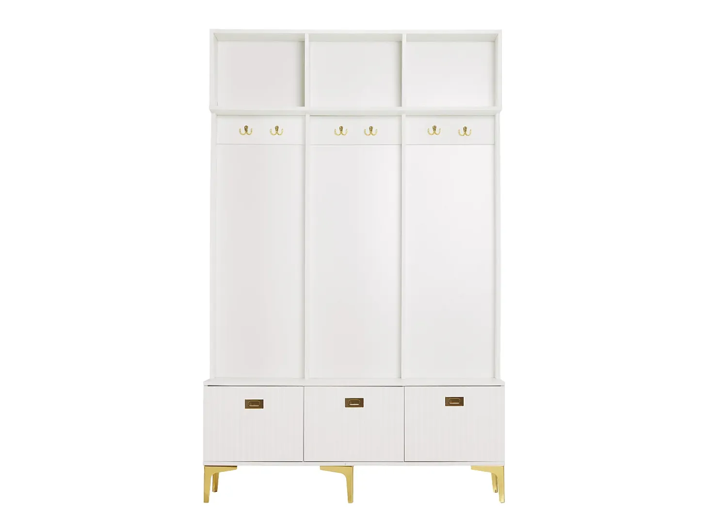 Conjunto de armario con banco, espacio de almacenamiento multifuncional, 6 ganchos dorados y patas de metal, blanco, (Dimensiones: 120 x 40 x 191,5 cm)