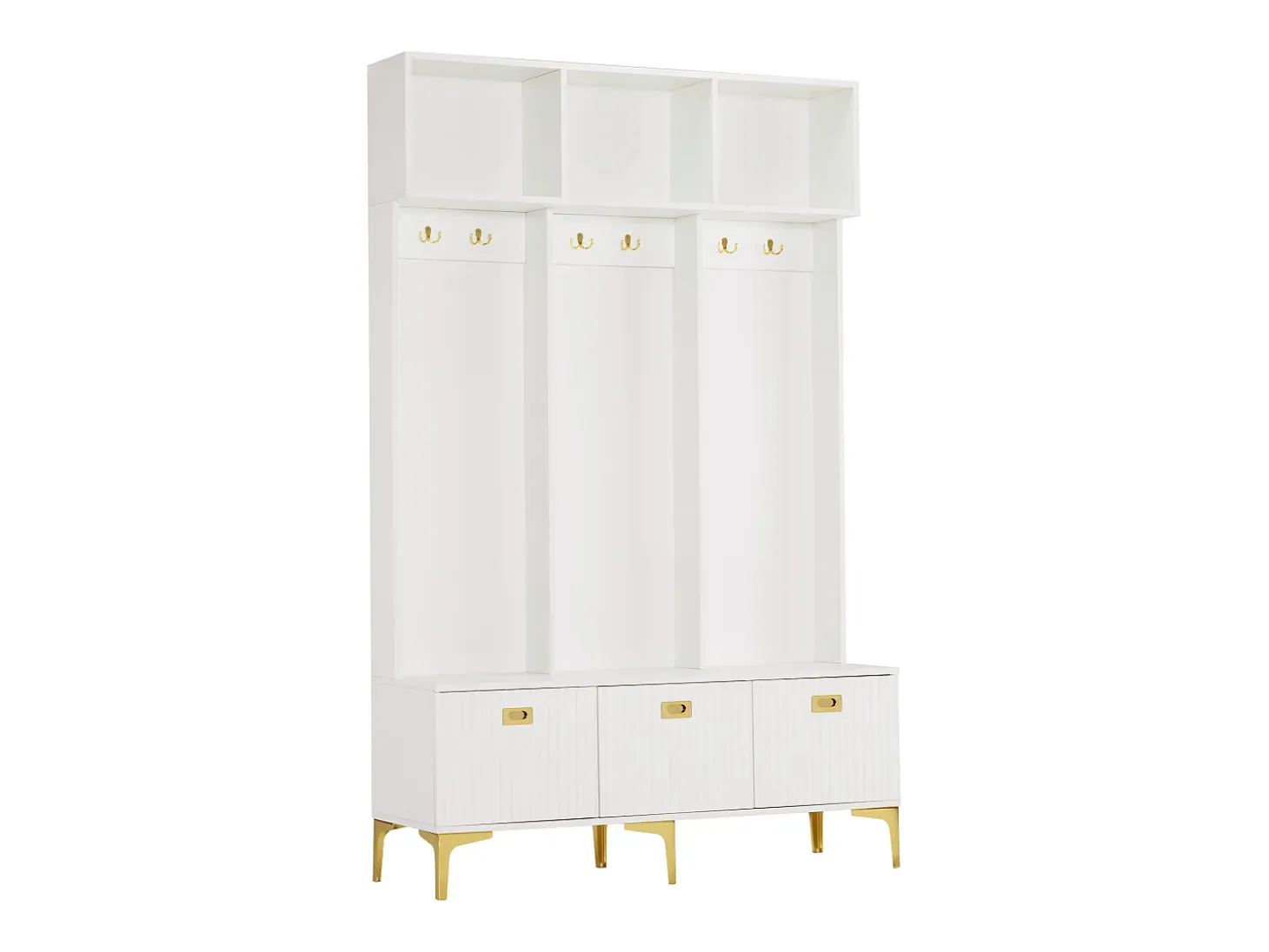 Conjunto de armario con banco, espacio de almacenamiento multifuncional, 6 ganchos dorados y patas de metal, blanco, (Dimensiones: 120 x 40 x 191,5 cm)