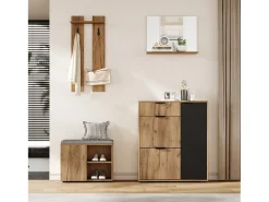 Conjunto de armario de entrada - 140 x 35 x 139 cm - con banco y zapatero + 1 espejo + estante de pared - aglomerado - natural + negro