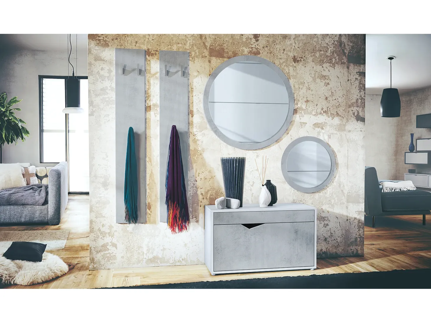 Conjunto de Armario Espoo, Recibidor con Banco Zapatero, 2 Paneles de Pared y 2 Espejos de Pared Redondos, blanco mate/hormigón oxidado
