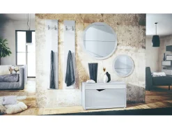 Conjunto de Armario Espoo, Recibidor con Banco Zapatero, 2 Paneles de Pared y 2 Espejos de Pared Redondos, blanco mate/blanco de alto brillo