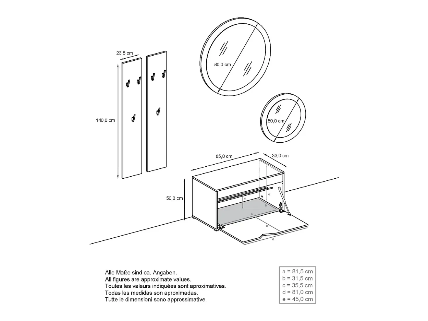 Conjunto de Armario Espoo, Recibidor con Banco Zapatero, 2 Paneles de Pared y 2 Espejos de Pared Redondos, blanco mate/blanco de alto brillo