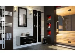 Conjunto de armario Kioto, Carcasa en blanco mate / Frente en negro alto brillo