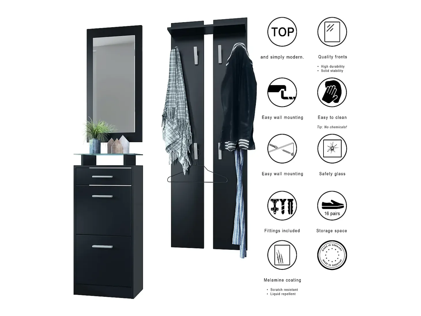 Conjunto de armario Loret V2 Mini, Carcasa en negro mate / Frente en negro mate