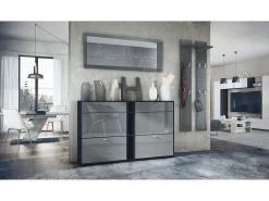 Conjunto de armario Orlando con zapatero, panel de pared y espejo de pared, negro mate/gris de alto brillo