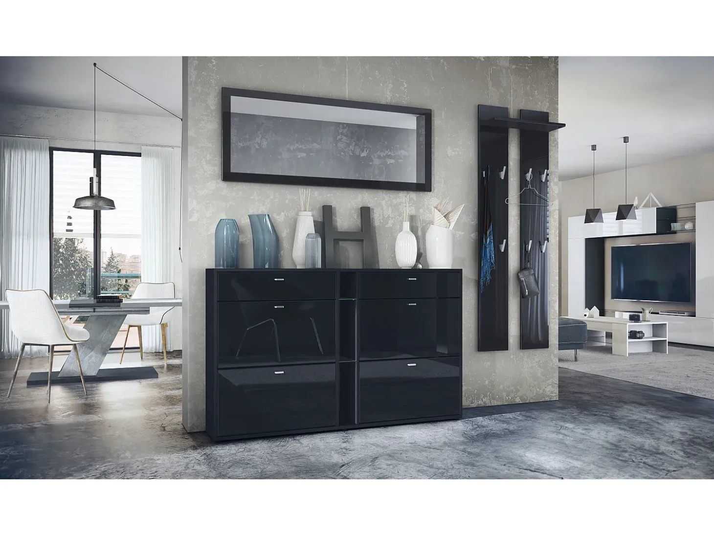 Conjunto de armario Orlando con zapatero, panel de pared y espejo de pared, negro mate/negro de alto brillo