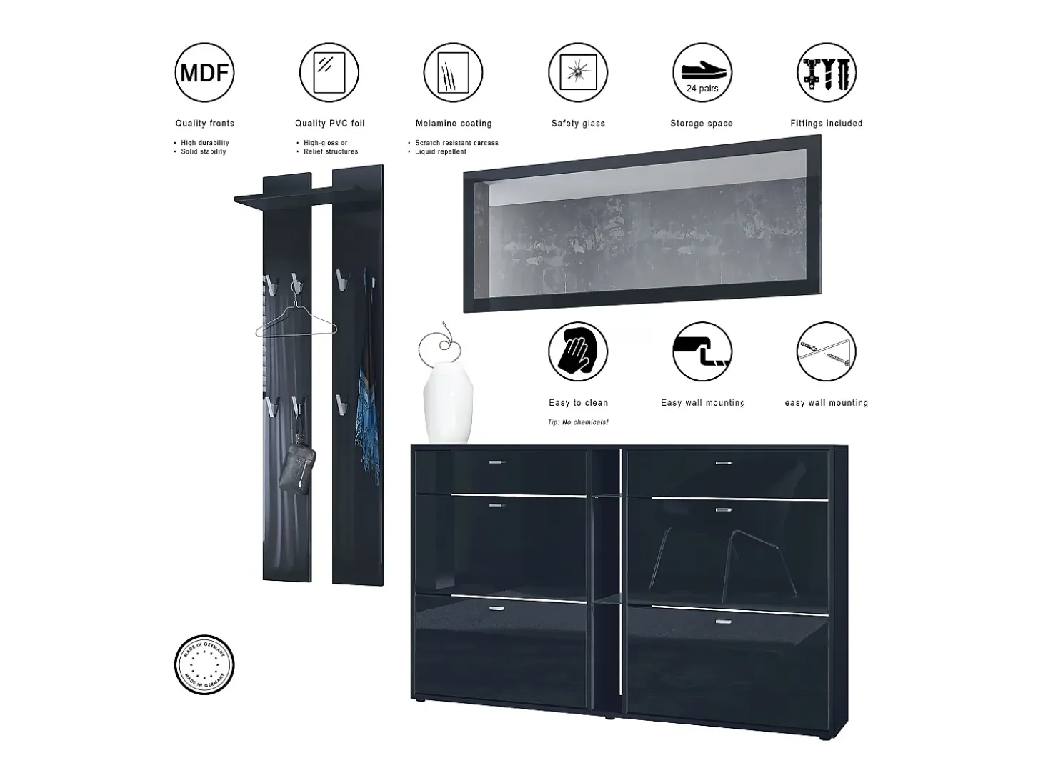 Conjunto de armario Orlando con zapatero, panel de pared y espejo de pared, negro mate/negro de alto brillo