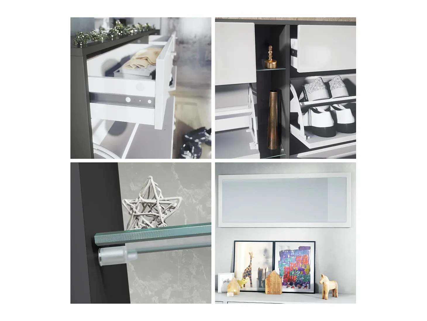 Conjunto de armario Orlando con zapatero, panel de pared y espejo de pared, negro mate/negro de alto brillo