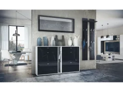 Conjunto de armario Orlando con zapatero, panel de pared y espejo de pared, blanco mate/negro de alto brillo