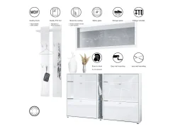Conjunto de armario Orlando con zapatero, panel de pared y espejo de pared, blanco mate/negro de alto brillo