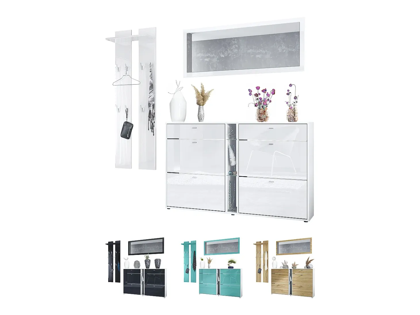 Conjunto de armario Orlando con zapatero, panel de pared y espejo de pared, blanco mate/negro de alto brillo