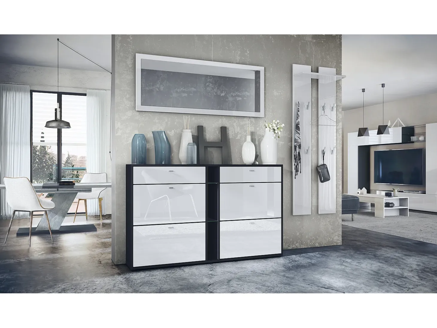 Conjunto de armario Orlando con zapatero, panel de pared y espejo de pared, negro mate/blanco de alto brillo