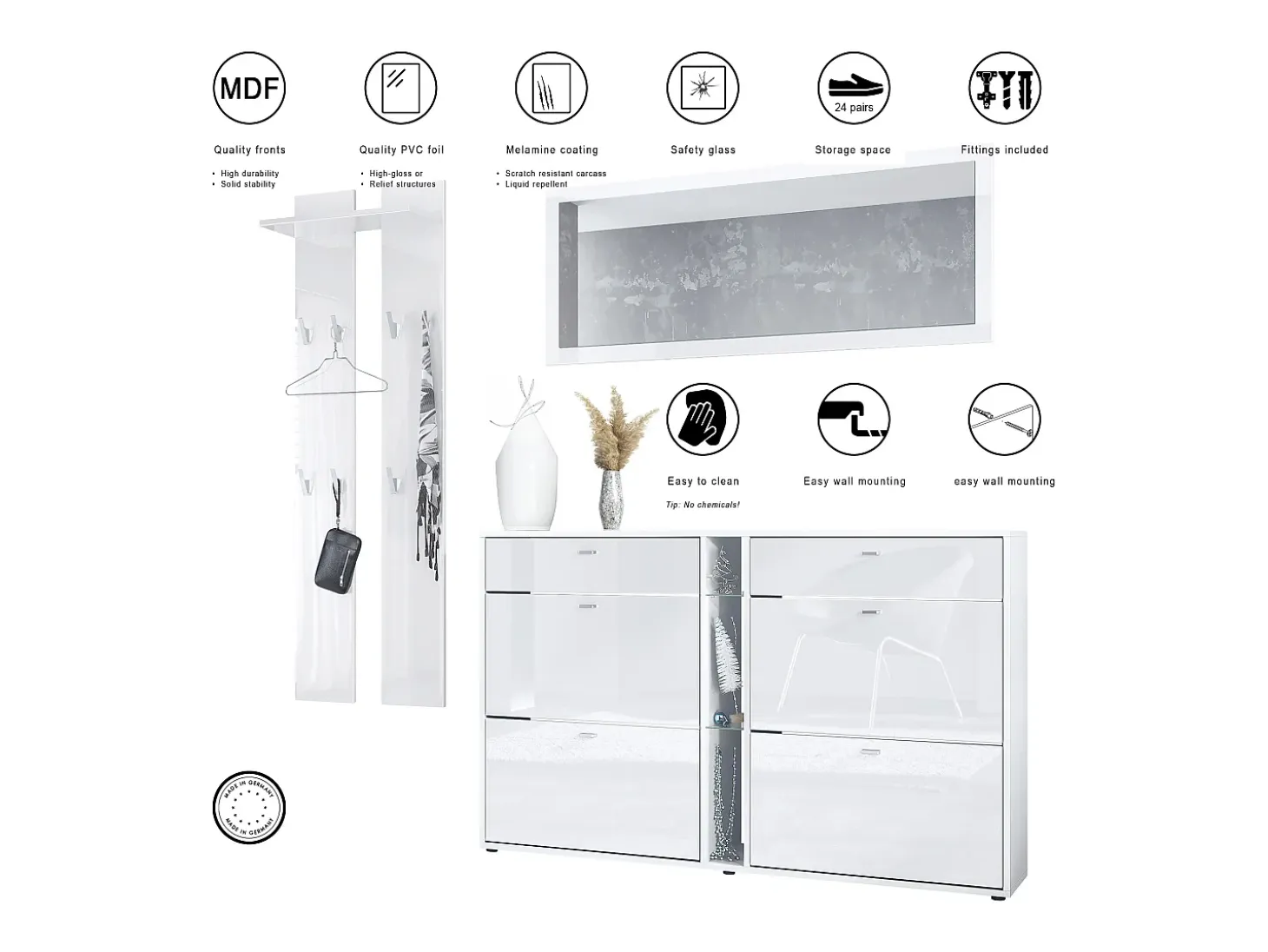 Conjunto de armario Orlando con zapatero, panel de pared y espejo de pared, blanco mate/blanco de alto brillo
